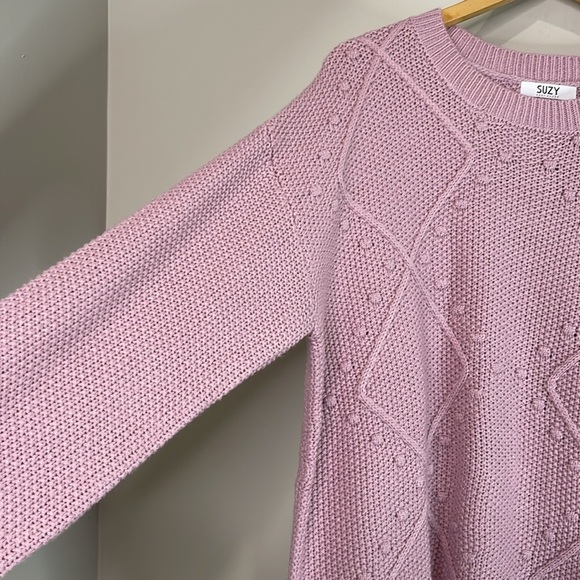 Suzy Shier Crew Neck Fooler Sweater Layered Look Pink White Cable Popcorn Knit L - Picture 5 of 11